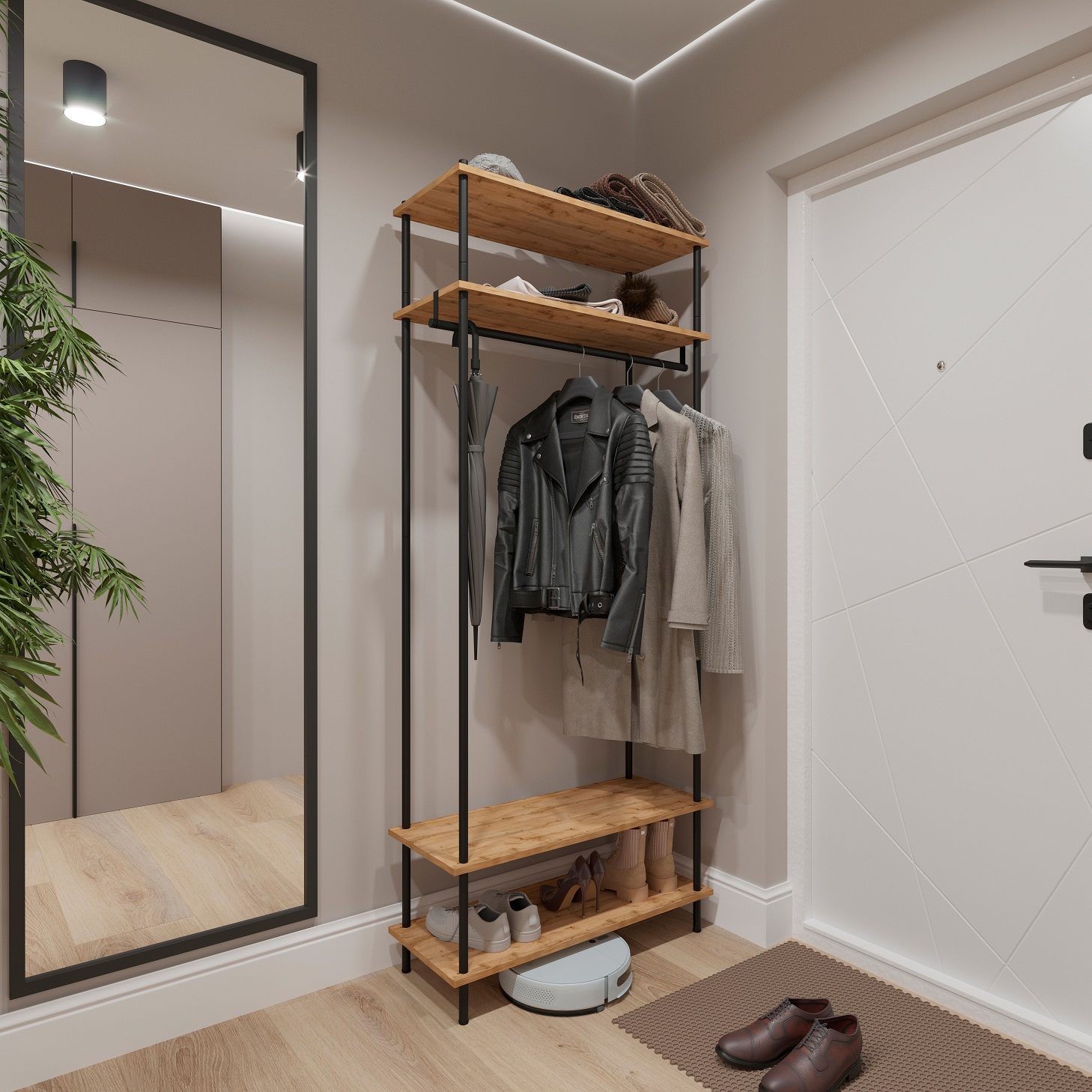 Вешалка напольная "Прихожая 34" "НеШкаф" с 4полками,ш.0,83м,в.2м,гл.0,37м Дер./Черн. ПРНШ 34 Ч *1 Вешалка напольная "Прихожая 34" "НеШкаф" с 4полками,ш.0,83м,в.2м,гл.0,37м Дер./Черн. ПРНШ 34 Ч *1