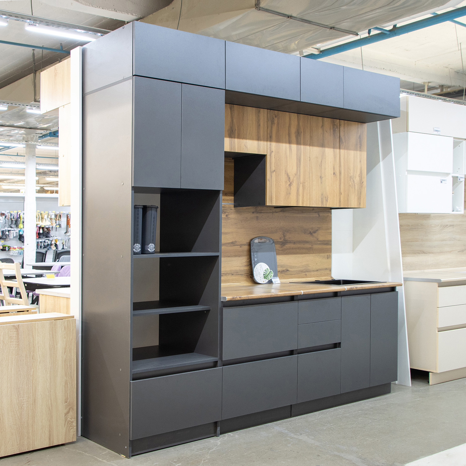 Шкаф навесной 600х300х550 мм BROZEX-WOOD Next, 3 ярус, графит / дуб вотан Шкаф навесной 600х300х550 мм BROZEX-WOOD Next, 3 ярус, графит / дуб вотан