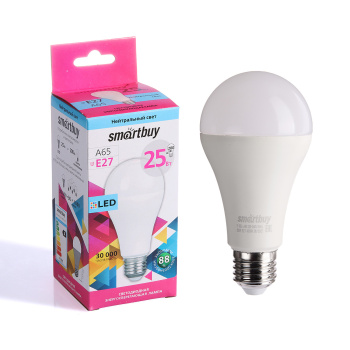 Лампа светодиодная Smartbuy, Е27, 25 Вт, груша A65, 2000 Лм, 4000 К, нейтральный белый